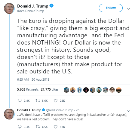 眼看欧元一路下跌 特朗普再度指责美联储不作为！