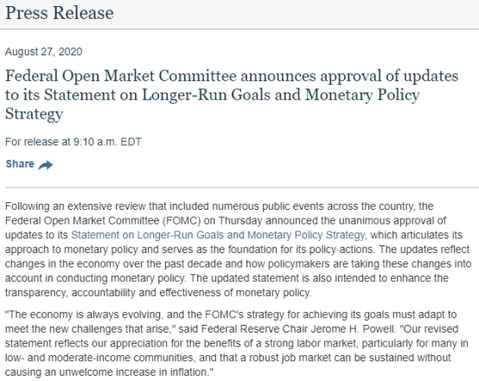 美联储宣布其关于长期目标和货币政策战略声明的更新